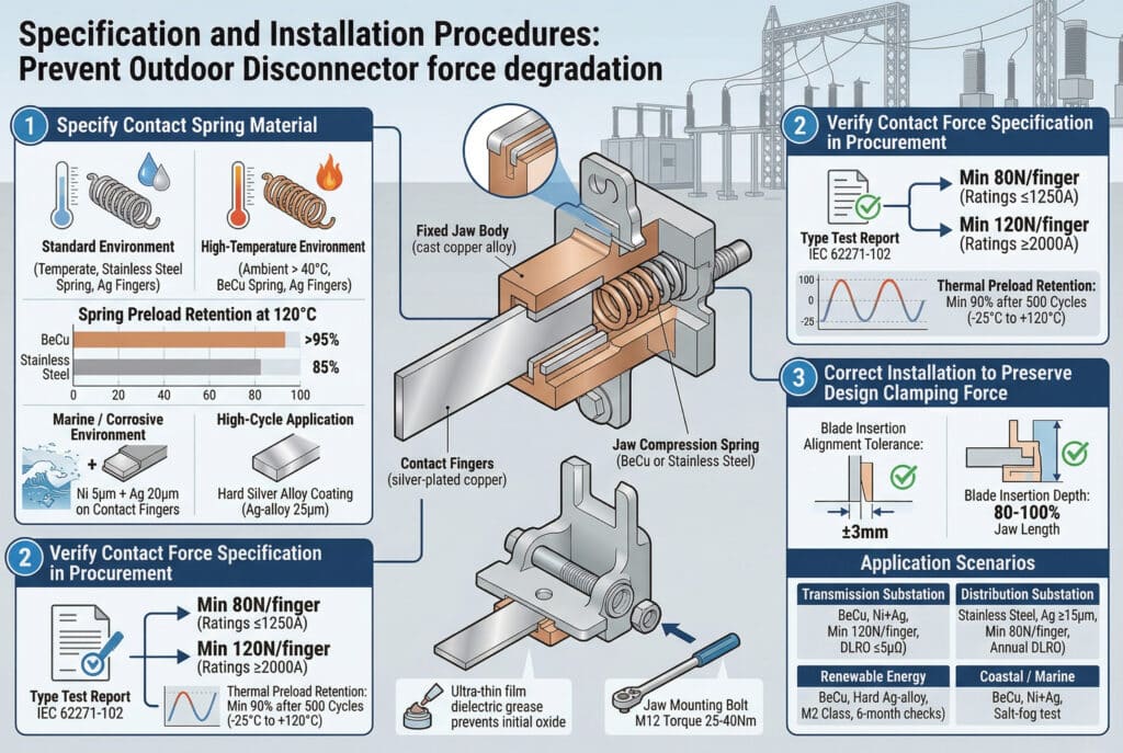 Infografis teknis yang komprehensif, dibagi menjadi empat panel, memvisualisasikan bagaimana pemisah luar ruangan mencegah degradasi gaya penjepitan melalui spesifikasi dan pemasangan yang tepat. Menampilkan ilustrasi teknis, visualisasi data, dan teks bahasa Inggris yang jelas tanpa karakter. Detail bagian utama: (1) Tentukan Bahan Pegas Kontak dengan grafik kinerja untuk BeCu vs Stainless Steel dan spesifikasi pelapisan seperti Ni 5μm + Ag 20μm; (2) Verifikasi Spesifikasi Gaya Kontak yang mengacu pada IEC 62271-102 dengan nilai minimum (mis, Min 80N / jari, Min 120N / jari) dan retensi preload termal; (3) Instalasi yang Benar dengan diagram yang menggambarkan toleransi penyelarasan ± 3mm, kedalaman penyisipan 80-100%, dan verifikasi torsi (mis., M12 M-Hardware 25-40Nm); (4) Tabel Skenario Aplikasi dengan data yang berbeda untuk transmisi, distribusi, energi terbarukan, dan gardu induk pantai. Keseluruhan desain industri ini akurat dan padat informasi.