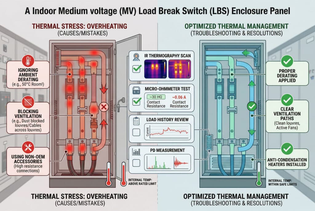 Диаграммная иллюстрация (инфографика) внутренней панели шкафа MV LBS в промышленном распределительном устройстве с упором на устранение теплового напряжения. Панель разделена по вертикали. Слева - надпись "ТЕРМИЧЕСКИЙ СТРЕСС: ПЕРЕГРЕВ (ПРИЧИНЫ/ОШИБКИ)" показаны красные горячие точки на ключевых внутренних компонентах, таких как главные контакты, соединения шин и заделки кабелей. Вызывающие поля с четкими значками указывают на причины, упомянутые в тексте: "ИГНОРИРОВАНИЕ ВНУТРЕННЕГО ДЕЙСТВИЯ (например, 50°C в помещении!)", "БЛОКИРОВКА ВЕНТИЛЯЦИИ (пыль забивает жалюзи/кабели проходят через жалюзи)" и "ИСПОЛЬЗОВАНИЕ НЕОБЫЧНЫХ АКСЕССУАРОВ (высокоомные соединения)". Ограниченный путь воздушного потока показан красными стрелками и символом 'X'. Значок термометра на этой стороне гласит "INTERNAL TEMP: ABOVE RATED LIMIT". Справа, с надписью "OPTIMIZED THERMAL MANAGEMENT (TROUBLESHOOTING & RESOLUTIONS)", на панели показаны внутренние компоненты холодного цвета, работающие нормально. Зеленые значки указывают на способы решения проблем: "Применено правильное охлаждение", "Чистые пути вентиляции (чистые жалюзи, активные вентиляторы)" и "Установлены антиконденсационные обогреватели". Четкий голубой путь воздушного потока с галочкой свидетельствует об эффективном охлаждении. Приборная панель в центре или в верхней части содержит наглядные данные и значки, соответствующие шагам по устранению неполадок: "IR THERMOGRAPHY SCAN" (показывает наглядные горячие точки), "MICRO-OHMMETER TEST" (показывает наглядные показания сопротивления контактов), "LOAD HISTORY REVIEW" (показывает наглядный график тока) и "PD MEASUREMENT" (показывает наглядные графики активности частичного разряда). Эстетика - профессиональная, техническая, чистая промышленная, с соотношением сторон 3:2 и 100% правильным английским текстом.