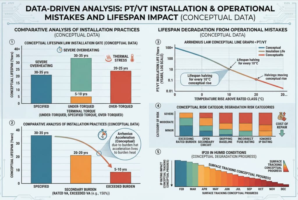 詳細的技術資訊頁面，標題為「資料驅動分析：PT/VT 安裝與操作錯誤及生命週期影響 (概念資料)」。它包含多個圖表。左側部分為「安裝做法的比較分析（概念資料）」，包含條形圖，對比正確與扭力不足/扭力過大端子以及額定與超出二次負載（例如 150%）的概念壽命（年）。右側部分「操作錯誤造成的壽命衰減（概念資料）」，包括顯示壽命隨概念溫度上升而衰減的 Arrhenius 法則概念線圖、常見錯誤的分類風險圖，以及溼度條件下 IP20 VT 的表面追蹤概念進度圖。顏色代表正確（藍色/綠色）與錯誤（橘色/紅色）。所有數據和日期均為說明。.