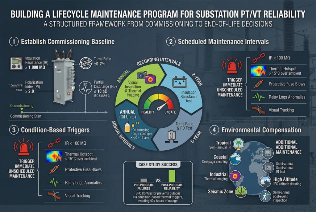 詳細的資訊圖表，標題為 "BUILDING A LIFECYCLE MAINTENANCE PROGRAM FOR SUBSTATION PT/VT RELIABILITY「，副標題為 」A STRUCTURED FRAMEWORK FROM COMMISSIONING TO END-OF-LIFE DECISIONS"。圖片顯示四個根據文章步驟相互連結的面板：建立調試基線」（精確的 IR、PI、Ratio、PD 資料，IEC 61869-3）、「定期維護間隔」（每年目視/熱、2 年 IR、5 年 PD/Ratio、每年油取樣/DGA）、「基於狀態的觸發器」（IR  環境溫度 15°C、保險絲爆裂、繼電器異常、可視追蹤），以及「環境補償」（ट्रॉपिकल、沿海、工業、高海拔、地震添加）。包括成功的客戶案例調用。.