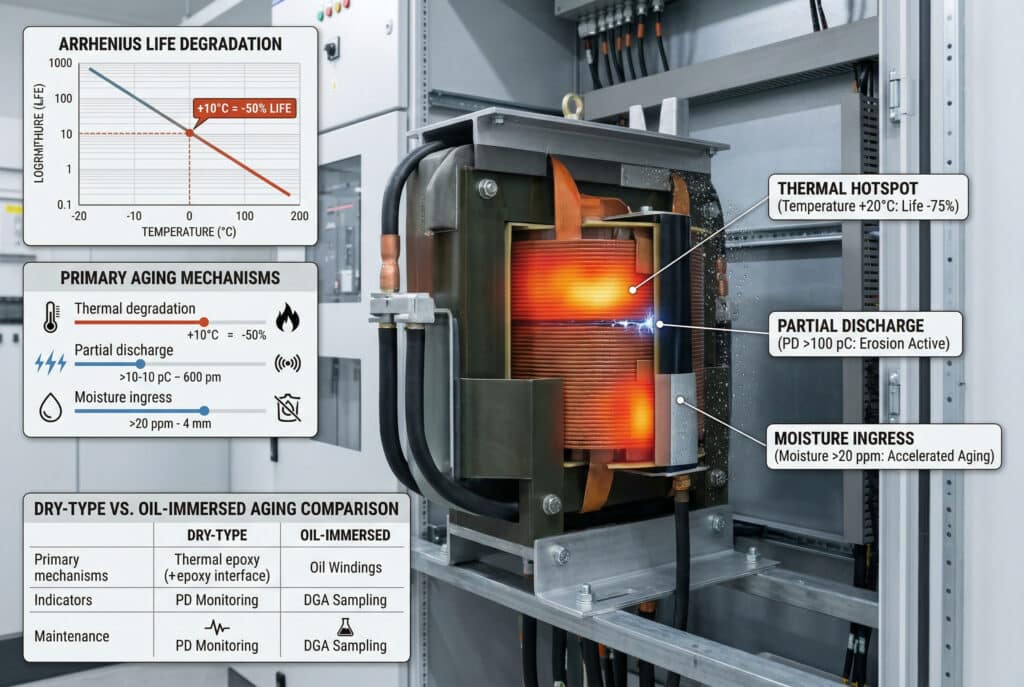 詳細的資訊圖表可視化絕緣老化對中電壓 PT/VT 的影響。特點是具有熱成像熱點 (+20°C: Life -75%)、局部放電侵蝕跡象 (>100 pC) 和濕氣侵入影響 (>20 ppm) 的剖面變壓器。Arrhenius 法則的中央對數圖顯示溫度上升 10°C 會使絕緣壽命減半。底部對比乾式環氧與油浸式的老化特性，以及 PD 監控和 DGA 取樣等維護指標。專業工業變電站背景。.