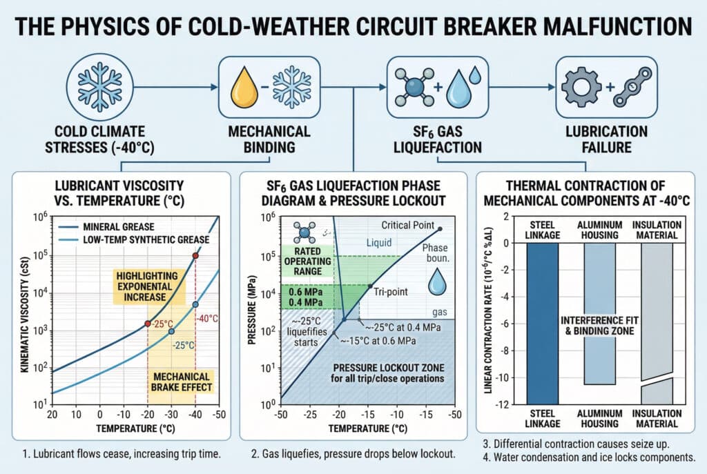 This infographic presents three detailed data visualizations illustrating the physical stresses of cold temperatures on circuit breakers as described in the article: Lubricant Viscosity at Low Temperatures, SF6 Gas Liquefaction Phase Diagram & Pressure Lockout, and Thermal Contraction of Key Materials at -40°C.