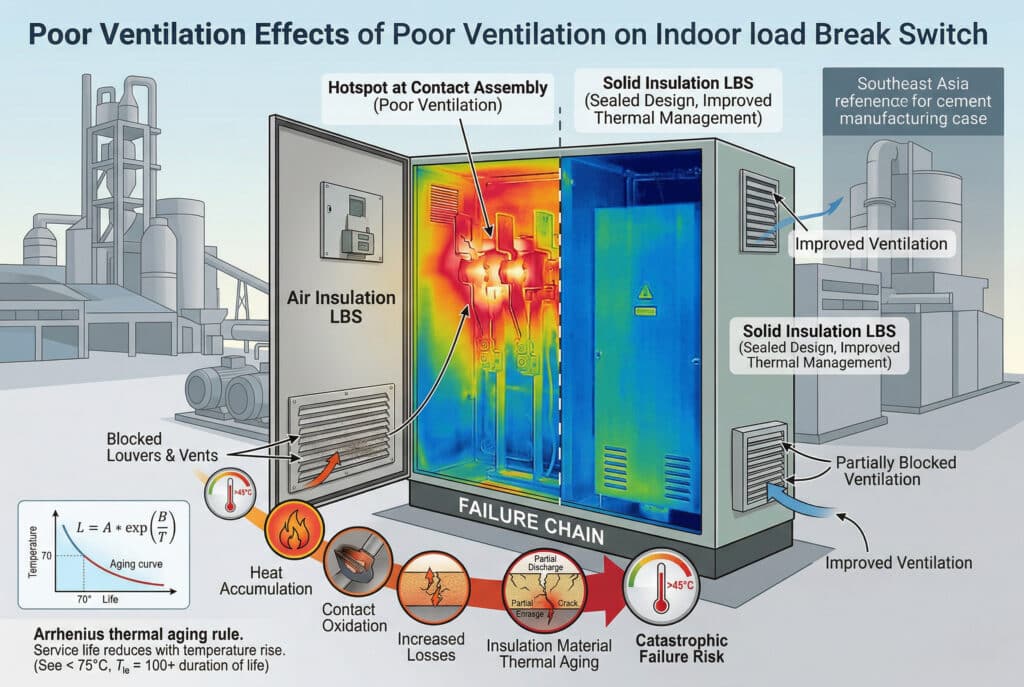 Сложная инфографика в области промышленного машиностроения, сочетающая обычные и тепловизионные изображения, наглядно демонстрирует цепную реакцию деградации выключателя нагрузки среднего напряжения (LBS) в корпусе распределительного устройства. Он наглядно демонстрирует правило термического старения Аррениуса, а стилизованная кривая старения и символы частичного разряда показывают деградацию со временем из-за накопления тепла и увеличения потерь. Заблокированные жалюзи изображены стилизованными стрелками, показывающими отсутствие надлежащего пути воздушного потока. Горячие точки на тепловом изображении локализованы на контактных узлах, что является контрастом между моделями LBS с воздушной и твердой изоляцией, с видимым окислением и повреждением изоляции. Стилизованные ссылки на пример предприятия по производству цемента, а временная шкала показывает увеличение сопротивления контактов, ведущее к разрушению диэлектрика и потенциальным катастрофическим сценариям отказа. Технические обозначения указывают на каждый этап.