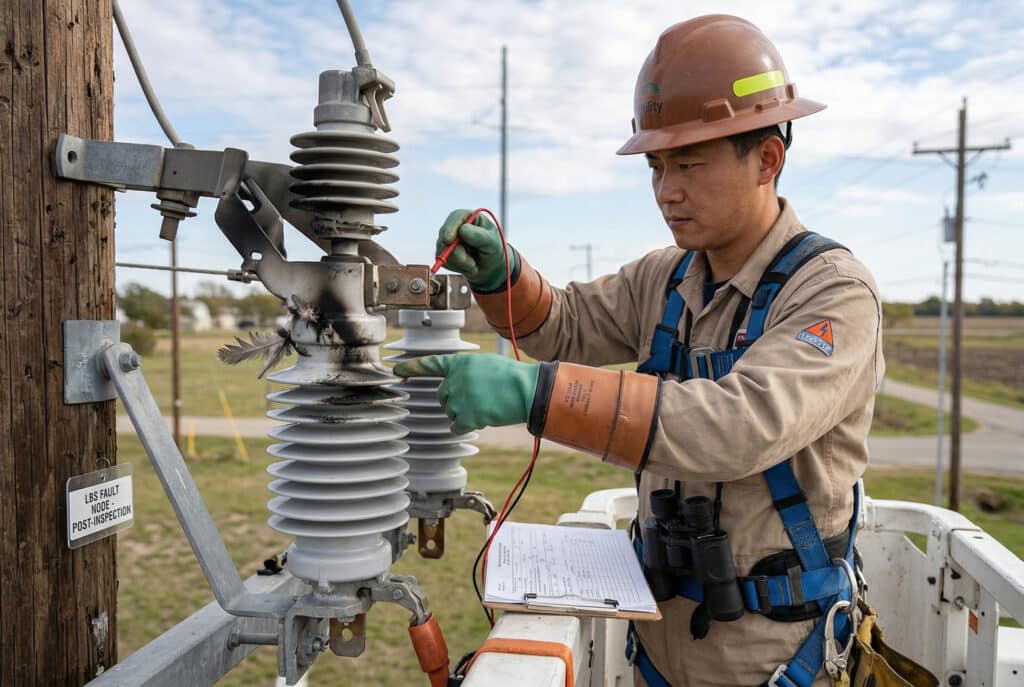 ภาพถ่ายภาคสนามโดยละเอียดของช่างเทคนิคชาวจีนที่มีทักษะสูง มีลักษณะทางเชื้อสายเอเชียตะวันออก สวมชุดป้องกันความปลอดภัยแบบเต็มรูปแบบ กำลังตรวจสอบอย่างละเอียดในระยะใกล้ของโหนด LBS กลางแจ้ง เพื่อแก้ไขความเสียหายจากการลัดวงจรที่เกิดจากสัตว์ป่า ก่อนการฟื้นฟูบริการ ชุดประกอบ LBS แสดงรอยไหม้ที่เห็นได้ชัดและร่องรอยคาร์บอน มีกล้องส่องทางไกลและคลิปบอร์ดอยู่ด้วย.