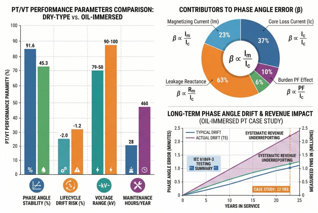 A comprehensive data visualization dashboard comparing dry-type and oil-immersed potential transformers, featuring a bar chart comparing multiple performance metrics, a pie chart showing the composition of phase angle error (β) including magnetizing and core loss currents, and a multi-line trend graph illustrating long-term phase angle drift and its associated revenue impact over 25 years.