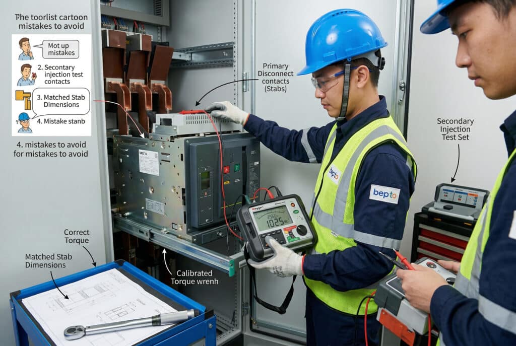 A professional East Asian male technician, wearing full protective equipment and a subtly branded 'bep to' uniform, conducts a precise pre-energization verification inside a medium voltage switchgear cabinet during a retrofit. He uses a digital Insulation Resistance Tester (Megger) connected to the primary disconnect contacts of an indoor Vacuum Circuit Breaker (VCB) chassis, partially withdrawn on its rails. The tester displays a reading above 1,000 MΩ, confirming the critical insulation integrity. Other test equipment for secondary injection and a calibrated torque wrench are subtly indicated with labels, illustrating multiple commissioning steps.