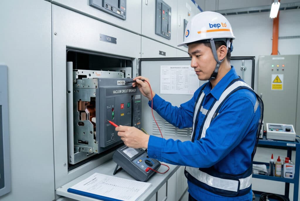A close-up, high-precision photograph inside a grey industrial medium voltage switchgear room or substation. A confident East Asian male technician, wearing a "bep to" branded safety helmet and reflective vest, is focused on a Vacuum Circuit Breaker (VCB) unit installed within a switchgear panel. He is performing a precise maintenance check suggested by the article text, specifically applying test leads from a digital 'Vacuum Integrity Tester' or 'Hi-Pot Tester' across the open contacts of the VCB unit. A close-up of the VCB faceplate clearly shows the English label: "VACUUM CIRCUIT BREAKER." His expression is focused and professional, illustrating precise and reliable work. In the background, lubricating oils, a maintenance logbook, and other test equipment are visible. The composition is structured and detailed, with all text correct and legible in English. No humans from outside Bepto are present.