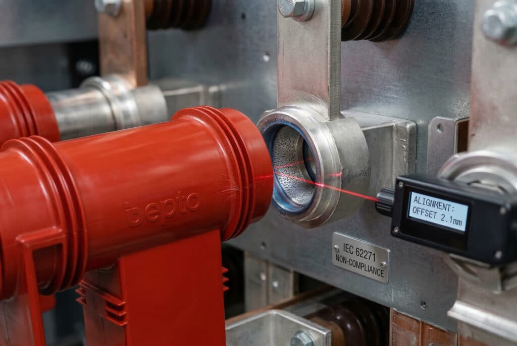 Una fotografia in microvisione all'interno di un pannello di un quadro di media tensione, con particolare attenzione all'interfaccia in cui è installata la scatola di contatti rossa con il marchio 'bepto' di image_2.png. La scatola di contatto è visibilmente e sottilmente disallineata (sfasata di pochi millimetri) rispetto al beccuccio della boccola dell'isolatore. Questo disallineamento provoca segni di pressione e sollecitazione non uniformi sulla superficie metallica, accompagnati da una leggerissima e microscopica foschia termica e da una sottile decolorazione, che illustra visivamente le conseguenze tecniche critiche del disallineamento e la causa principale di un guasto prematuro in un assemblaggio elettrico di alta precisione.