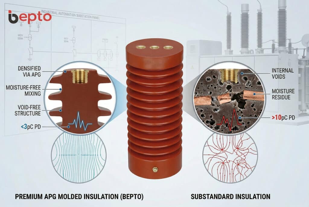 兩種中電壓脫落支柱絕緣體的比較視圖，展示了優質與次等產品之間的內部材料差異。左側（Bepto）顯示的是致密的 APG 模壓樹脂，微觀細節顯示無空隙結構、均勻電場和超低局部放電 (10pC) 的標準絕緣層，將這些缺陷與設備故障風險聯繫起來。背景為工業自動化變電站面板。.