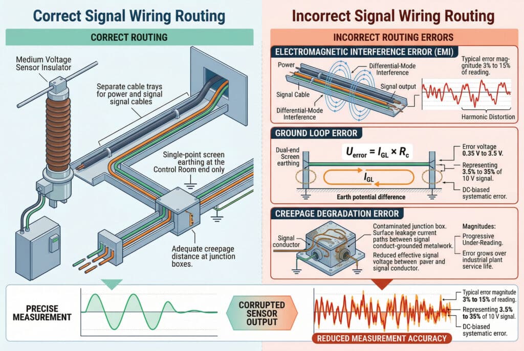 ภาพประกอบทางเทคนิคโดยละเอียดเปรียบเทียบ "การเดินสายสัญญาณที่ถูกต้อง" ทางด้านซ้ายกับแผงสามแผงที่ซ้อนกันซึ่งแสดง "ข้อผิดพลาดในการเดินสายที่ไม่ถูกต้อง" และ "ผลกระทบต่อความแม่นยำในการวัด" ทางด้านขวาการเดินสายที่ถูกต้องต้องใช้รางสายเคเบิลแยกต่างหาก, การต่อลงดินแบบจุดเดียว, และระยะห่างที่เหมาะสม ซึ่งจะทำให้ได้รูปคลื่นการวัดที่แม่นยำ (เช่น 10 V) ส่วนที่เดินสายไม่ถูกต้องจะมีแผงที่แสดงข้อความ "EMI Error" จากรางที่ใช้ร่วมกัน ซึ่งแสดงสัญญาณรบกวนแบบโหมดต่างกันและสัญญาณที่บิดเบือน โดยมีขนาดของข้อผิดพลาดประมาณ 3% ถึง 15%"ข้อผิดพลาดวงจรกราวด์" จากการต่อกราวด์แบบสองด้านด้วยกระแส I_GL และแรงดันผิดพลาด U_error (0.35 V ถึง 3.5 V); และ "ข้อผิดพลาดจากการเสื่อมของการแยก" ที่แสดงการรั่วไหลบนพื้นผิวและการอ่านค่าต่ำกว่าความเป็นจริงที่ค่อยๆ เพิ่มขึ้น ข้อความสรุปข้อมูลแสดงเปอร์เซ็นต์ของข้อผิดพลาด ความแตกต่างทางสายตาแสดงให้เห็นสัญญาณที่ชัดเจนทางด้านซ้ายกับสัญญาณที่เสียหายและความแม่นยำที่ลดลงทางด้านขวา.