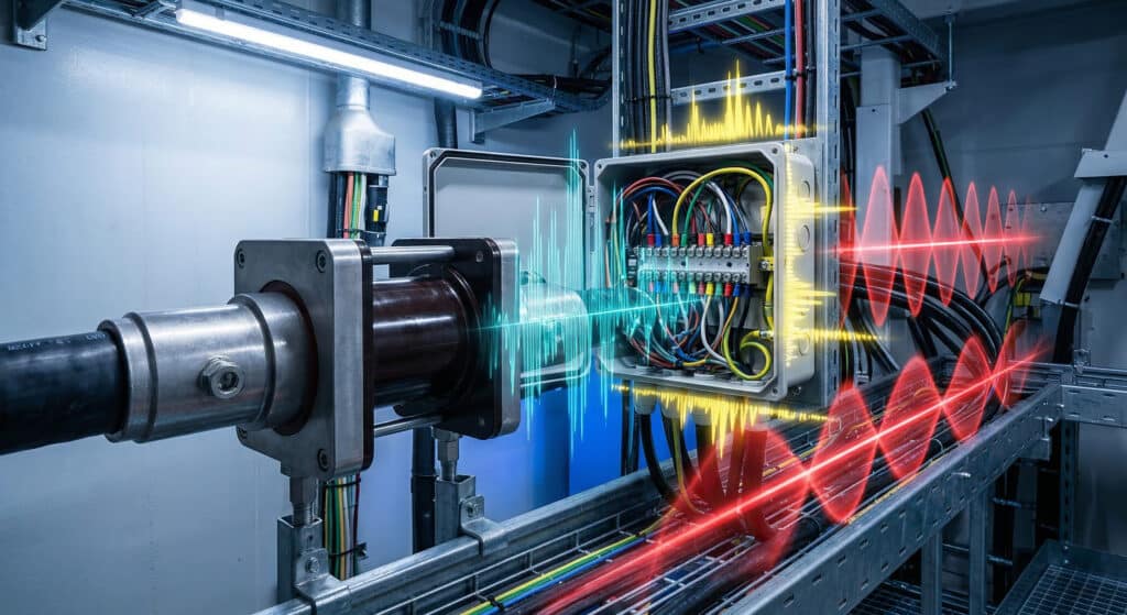 Một bức ảnh kỹ thuật công nghiệp phức tạp chụp bộ cách điện cảm biến trung áp và hộp đấu nối của nó được lắp đặt bên trong tháp tuabin gió trên cáp thu trung áp. Hình ảnh thể hiện nhiều mẫu ánh sáng màu khác nhau, tượng trưng cho các cơ chế nhiễu độc đáo: Các sóng hài tần số cao màu xanh lục và các xung phát ra từ và xung quanh các cực thứ cấp để mô tả các sóng hài chuyển mạch điện tử công suất (2–10 kHz) thông qua kết nối dẫn điện, điện dung và từ tính; các mẫu ánh sáng dạng xung màu vàng tập trung quanh dây dẫn nối đất và vít nối đất của hộp đầu cuối để thể hiện Hiện tượng Tiêm Dòng Điện Nối Đất của Biến Tần Tần Số Biến Đổi (4-16 kHz); và các chùm ánh sáng màu đỏ dài hình sóng đứng chạy dọc theo các đoạn cáp thứ cấp dẫn ra khỏi hộp đầu cuối để mô tả Hiện tượng Cộng Hưởng Đường Dây Dài trong Mạng Thu Gom (200 Hz-2 kHz). Cảnh được chiếu sáng bằng đèn LED kỹ thuật màu lạnh với các hiệu ứng nhiễu năng động và lạnh lẽo để tạo ra vẻ ngoài chẩn đoán. Không có nhân vật nào xuất hiện. Quay ở tỷ lệ 3:2 ngang.