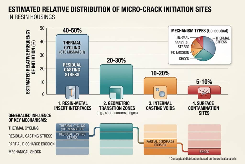 تصوّر مفاهيمي مفصّل للبيانات وتحليل نموذجي لتكوين التشققات الدقيقة داخل العلب الراتنجية. يحتوي على لوحات متعددة بما في ذلك مقاطع عرضية تخطيطية، ومخططات شريطية توضح بالتفصيل التردد النسبي لبدء التصدع عبر أربع مناطق (الواجهات والمناطق الانتقالية والفراغات والمواقع السطحية)، ومخطط دائري لنمط الفشل، ورسوم بيانية طبيعية للإجهاد والتعب مع مرور الوقت لكل منطقة، مع تسليط الضوء على آليات إجهاد محددة.