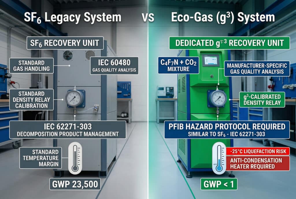 Una comparación visual que muestra las claras diferencias en el mantenimiento de los sistemas GIS heredados de SF6 y los modernos g³ eco-gas. La imagen destaca las unidades de recuperación dedicadas, la necesidad de una manipulación específica de la mezcla, los calentadores anticondensación para el control climático, la gestión del producto de descomposición (PFIB) similar al SF6 y la enorme diferencia en el potencial de calentamiento global (GWP), lo que proporciona una referencia directa para los consejos de instalación, mantenimiento y fin de vida útil de la guía.