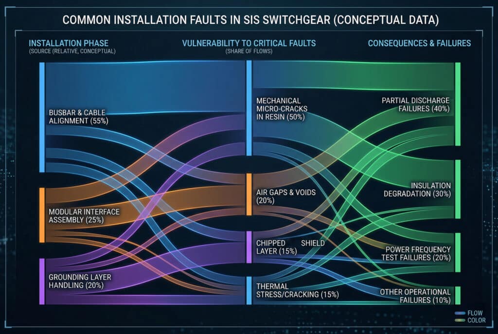 Diagramme de visualisation de données, en particulier un diagramme de Sankey, sans personnage ni équipement physique, sur un fond technique sombre. Le diagramme est contenu dans un cadre technique propre et s'intitule 'COMMON INSTALLATION FAULTS IN SIS SWITCHGEAR (CONCEPTUAL DATA)' (Défauts d'installation courants dans les systèmes de commutation SIS (données conceptuelles)). Le graphique comporte trois colonnes principales avec des lignes fluides et lumineuses de différentes couleurs (bleues, violettes, oranges et vertes) et de différentes largeurs, la largeur représentant la fréquence d'occurrence. La colonne de gauche est intitulée 'PHASE D'INSTALLATION' et contient trois nœuds sources avec des pourcentages (relatifs, conceptuels) : 'ALIGNEMENT DES BARRES ET DES CÂBLES (55%)' (flux bleu le plus épais), 'ASSEMBLAGE DES INTERFACES MODULAIRES (25%)' (flux orange moyen), 'MANIPULATION DES COUCHES DE TERRE (20%)' (flux mauve moyen). La colonne du milieu est intitulée 'VULNERABILITE AUX DEFAUTS CRITIQUES' et contient plusieurs nœuds avec leur part de flux : Microfissures mécaniques dans la résine (50%)' (principalement dues à l'alignement des barres omnibus), 'Fentes et trous d'air (20%)' (principalement dues à l'assemblage de l'interface), 'Couche de blindage ébréchée 接地 (15%)' (principalement dues à la manipulation de la mise à la terre), 'Contrainte thermique/fissuration (15%)' (flux plus faibles provenant de diverses sources). La colonne de droite est intitulée 'CONSEQUENCES & FAILURES' et montre l'impact final : 'PARTIAL DISCHARGE FAILURES (40%)' (flux vert le plus important), 'INSULATION DEGRADATION (30%)', 'POWER FREQUENCY TEST FAILURES (20%)', 'OTHER OPERATIONAL FAILURES (10%)'. Les lignes s'enchaînent de gauche à droite, reliant les étapes, les vulnérabilités et les conséquences par des chemins clairs et fluides. Les libellés sont clairs et nets, et de couleur blanche ou bleu clair. Une petite légende dans le coin définit la couleur du flux. L'aspect général est soigné et technique, avec une légère texture de points de données lumineux en arrière-plan.
