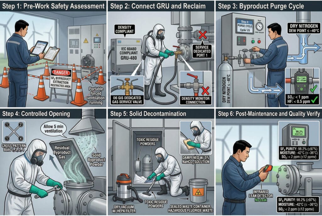 Ilustrasi komposit teknis enam panel yang memberikan panduan langkah demi langkah untuk prosedur ekstraksi produk sampingan beracun gas SF6 yang aman di ruang sakelar gardu induk energi terbarukan yang modern. Teknisi pria Asia Timur, dengan fitur standar berbahasa Mandarin, melakukan semua tindakan, dengan label teks berbahasa Inggris yang terintegrasi Panel 1: Penilaian pra-pekerjaan dan pengaturan zona terbatas (kerucut, tanda: 'BAHAYA: EKSTRAKSI PRODUK SAMPING SF₆, AREA TERBATAS') Panel 2: APD lengkap yang dikenakan, teknisi menyambungkan GRU ke katup servis gas khusus (berlabel 'KATUP SERVIS, PELABUHAN 1'). Panel 3: Siklus pembersihan sedang berlangsung di panel kontrol GRU ('Siklus 1/5' dan pengukur vakum). Nitrogen dimasukkan dari silinder ('DRY NITROGEN, TITIK AIR ≤ -40°C'). Detektor multi-gas ('SO₂: <1 ppm, HF: <0,5 ppm') pada katup servis memiliki tanda centang hijau Panel 4: Pembukaan kompartemen yang terkontrol, teknisi (masih dalam APD) melonggarkan baut flensa dengan pola silang. Pembukaan yang lambat mengarahkan gas/serbuk ke ventilasi paksa. Panel 5: Dekontaminasi padat, teknisi dengan APD menggunakan vakum kering dengan filter HEPA ('VAKUM KERING DENGAN FILTER HEPA') dan menyeka permukaan dengan kain yang dibasahi dengan natrium bikarbonat ('DAMPENED WITH/ 5% NaHCO₃ SOLUTION'). Semua limbah masuk ke 'WADAH LIMBAH TERSELAMAT, LIMBAH FLUORIDE BERBAHAYA' Panel 6: Pemeriksaan kebocoran pasca-pemeliharaan dengan detektor kebocoran inframerah ('DETEKTOR KEBOCORAN INFRARED, Tidak Ada Kebocoran') dan analisis gas akhir ('KEMERDASAN SF₆ : 98.2% (≥97%), KELEMBABAN : -42 ° C (≤ -36 ° C), SO₂: <2 ppm (≤12 ppmv) '). Latar belakang turbin angin diburamkan. Pencahayaan sangat jernih dan detail di seluruh bagian. Semua label tepat, 100% bahasa Inggris yang benar. Perspektif keseluruhan adalah panduan yang praktis dan aman.