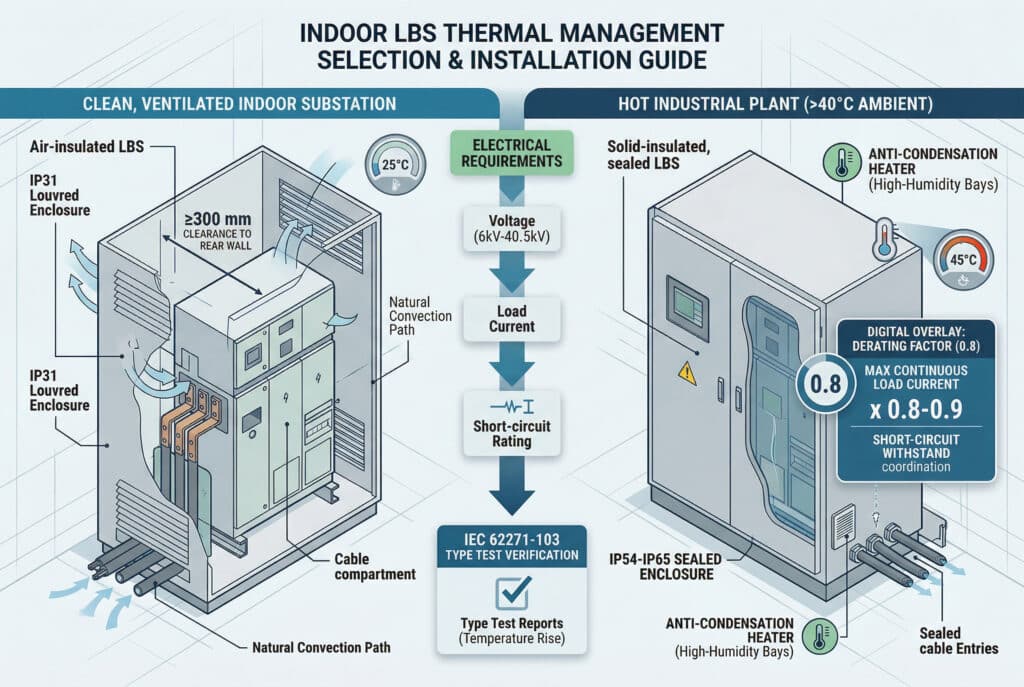 Сравнительная техническая диаграмма и инфографика с данными разделены по вертикали для наглядного представления руководства по выбору и установке LBS внутри помещений. На левой стороне под заголовком "ЧИСТАЯ, ВЕНТИЛИРУЕМАЯ ВНУТРЕННЯЯ СУБСТАНЦИЯ" показана LBS с воздушной изоляцией в корпусе IP31 с жалюзийной вентиляцией, наглядно демонстрирующая пути естественной конвекции, минимальный зазор до стены, соединения шин и кабельный отсек. На правой стороне, под заголовком "ГОРЯЧИЙ ПРОМЫШЛЕННЫЙ ЗАВОД (>40°C)", изображен LBS с твердой изоляцией в герметичном корпусе IP54-IP65 с герметичными кабельными вводами, выделяется визуальная надпись 'DIGITAL OVERLAY' с текстом "DERATING FACTOR (0.8)" и стилизованный манометр с визуальной надписью и текстом "MAX CONTINUOUS LOAD CURRENT x 0.8-0.9". На обеих сторонах указаны подробные данные по напряжению, току и короткому замыканию. Центральная вертикальная стрелка ведет по этапам электрических требований и проверки типовых испытаний по стандартам IEC. Иллюстрация профессиональна, точна и включает в себя безупречные английские надписи и диаграммные данные для обоих сценариев, противопоставляя воздушный поток и надежные, герметичные конструктивные особенности, такие как антиконденсатные нагреватели.