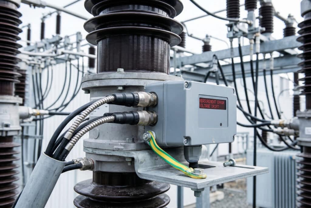 Photographie haute définition en gros plan d'une installation de surveillance d'un capteur d'isolation dans une sous-station moyenne tension, mettant en évidence une tresse de mise à la terre manquante et un affichage numérique indiquant "MEASUREMENT ERROR - VOLTAGE DRIFT" (erreur de mesure - dérive de tension)."