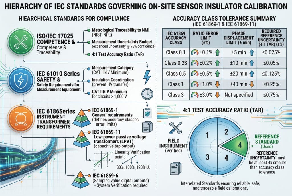 Eine umfassende technische Infografik ohne physische Produktfotos, die die hierarchischen Normen zusammenfasst, die für die Kalibrierung des Spannungsausgangs von Sensorisolatoren vor Ort gelten. Oben lautet die Überschrift: HIERARCHIE DER IEC-NORMEN FÜR DIE VOR-ORT-KALIBRIERUNG VON SENSORISOLATOREN'. Das Bild besteht aus mehreren miteinander verbundenen Tafeln. Die linke obere Tafel ist ein Flussdiagramm, das die 'HIEARCHISCHEN NORMEN FÜR DIE KOMPLIZIERUNG' zeigt und die ISO/IEC 17025 KOMPETENZ & KOMPETENZ & RÜCKVERFOLGBARKEIT (NMI, Unsicherheitsbudget, 4:1 TAR), IEC 6101Series SAFETY & Sicherheitsanforderungen (CAT III/IV Minimum) und IEC 61869-1, IEC 61869-11 (LPVT, Linearitätspunkte) und IEC 61869-6 miteinander verbindet. Der rechte obere Bereich stellt die zusammengefasste Tabelle 'ACCURACY CLASS TOLERANCE SUMMARY (IEC 61869-1 & IEC 61869-11)' aus dem Text wieder her, wobei die Spalten genau übereinstimmen (Klasse, Verhältnisfehlergrenze, Phasenverschiebungsgrenze, erforderliche Referenzunsicherheit (4:1 TAR)) und illustrative Messgeräte. Darunter veranschaulicht ein markantes Diagramm das Konzept des '4:1 TEST ACCURACY RATIO (TAR)': Ein großer Kreis 'FIELD INSTRUMENT (Verified)'-Toleranz, unterteilt in vier Segmente, mit einer kleinen grünen 'REFERENCE STANDARD (Used)'-Toleranz, die in ein Segment passt, und Text: 'REFERENCE UNCERTAINTY must be at least 4x smaller than accuracy class tolerance'. Das Diagramm verwendet professionelle Icons, leuchtende Datenströme und eine klare technische Sprache.