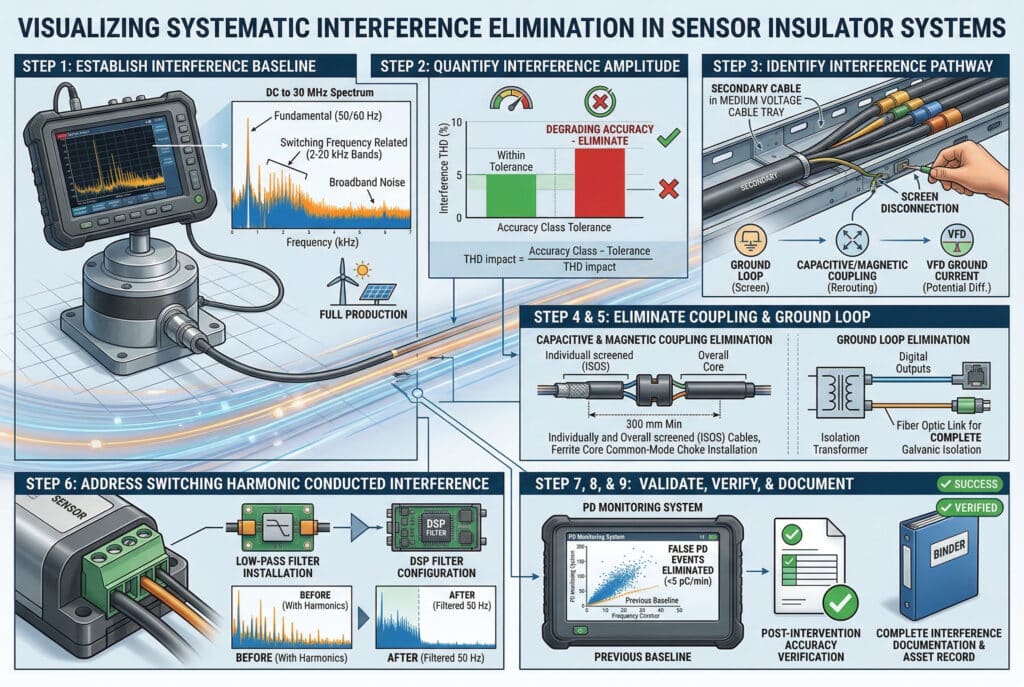 Một infographic kỹ thuật phức tạp gồm sáu bảng, được cấu trúc dưới dạng sơ đồ khái niệm, nhằm trực quan hóa một cách có hệ thống quá trình khắc phục sự cố và loại bỏ nhiễu mạch thứ cấp trong các hệ thống cách điện cảm biến. Sơ đồ ngang (tỷ lệ 3:2) có nền kỹ thuật gọn gàng với các đường lưới và đường dẫn dữ liệu, không có nhân vật. Tiêu đề ở phía trên: 'TRỰC QUAN HÓA QUÁ TRÌNH LOẠI BỎ NHIỄU MỘT CÁCH HỆ THỐNG TRONG CÁC HỆ THỐNG CÁCH ĐIỆN CẢM BIẾN'. Bảng 1: 'BƯỚC 1: XÁC ĐỊNH MỨC CƠ SỞ CỦA NHIỄU' hiển thị màn hình máy phân tích phổ (loại cầm tay, vỏ chắc chắn) hiển thị biểu đồ tần số kết nối với đế cảm biến, với các nhãn chỉ ra các thành phần phổ DC-30MHz. Biểu tượng tuabin gió và tấm pin mặt trời cho biết 'SẢN XUẤT ĐẦY ĐỦ'. Bảng 2: 'BƯỚC 2: ĐO LƯỜNG ĐỘ LỚN CỦA NHIỄU' là biểu đồ thanh so sánh THD% của nhiễu với Dung sai Lớp Độ chính xác, với các thanh biểu thị 'Trong Dung sai' và 'ĐỘ CHÍNH XÁC GIẢM - LOẠI BỎ'. Bảng 3: 'BƯỚC 3: XÁC ĐỊNH ĐƯỜNG DẪN NHIỄU' hiển thị hình minh họa về một dây cáp thứ cấp trong khay cáp cùng với các dây cáp điện trung áp, minh họa việc ngắt kết nối tuần tự để loại bỏ vòng lặp đất, kết hợp điện dung/từ tính và dòng điện đất của biến tần (VFD). Bảng 4: 'BƯỚC 4 & 5: LOẠI BỎ CẦU NỐI VÀ VÒNG ĐẤT' trình bày các sơ đồ về cấu trúc cáp ISOS, lắp đặt lõi ferrite, biến áp cách ly và liên kết sợi quang cho đầu ra kỹ thuật số, kèm nhãn ghi chú về cách ly điện hoàn toàn. Bảng 5: 'BƯỚC 6: GIẢI QUYẾT NHIỄU HARMONIC DO CHUYỂN MẠCH GÂY RA' minh họa việc lắp đặt bộ lọc thông thấp và cấu hình bộ lọc DSP trong mô-đun điện tử, kèm theo đồ thị phổ trước và sau khi lọc. Bảng 6: 'BƯỚC 7, 8 & 9: XÁC NHẬN, KIỂM TRA, tài liệu' có các màn hình giám sát PD hiển thị các sự kiện giả đã được loại bỏ, báo cáo hiệu chuẩn để xác minh độ chính xác và một tập tài liệu để lưu trữ đầy đủ các tài liệu và hồ sơ tài sản. Các biểu tượng cho thành công, dấu kiểm xác minh và phân tích dữ liệu được sử dụng trong toàn bộ tài liệu. Sơ đồ chính xác, chi tiết và sử dụng thẩm mỹ công nghiệp chuyên nghiệp. Trọng tâm tập trung rõ ràng vào các điểm kỹ thuật.
