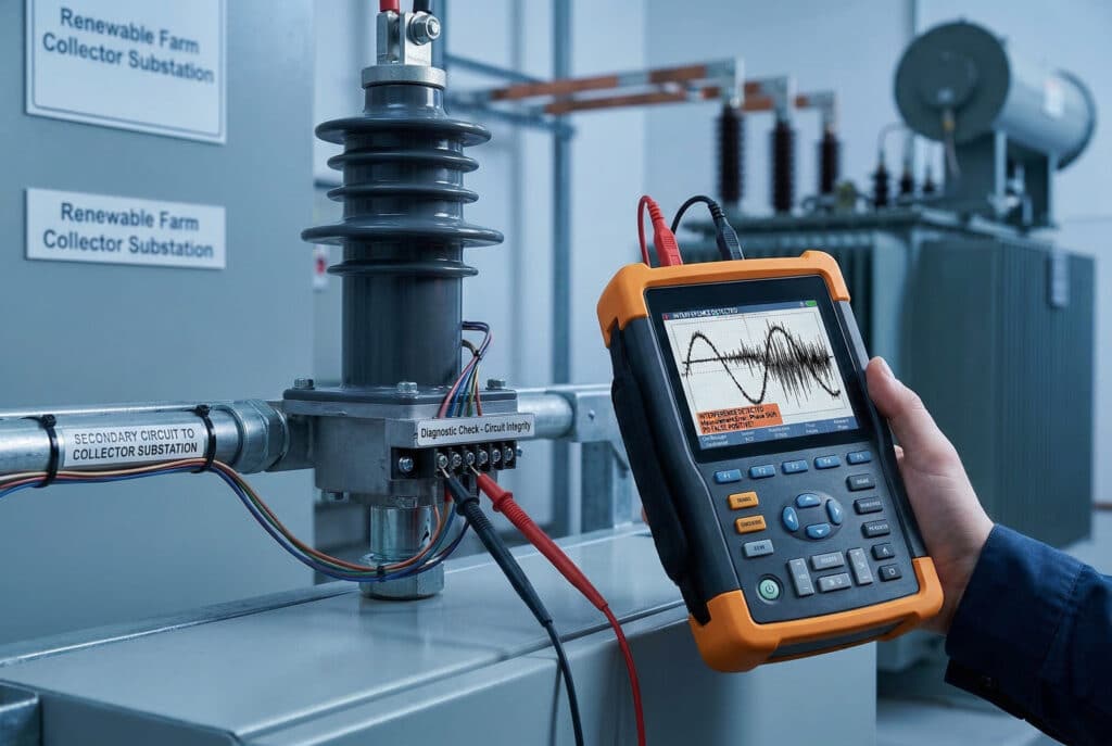 Một bức ảnh cận cảnh chụp một máy phân tích dao động chẩn đoán hiện đại, có thiết kế chắc chắn, được đặt trong môi trường trạm biến áp trung thế sạch sẽ và chuyên dụng. Các đầu dò của máy phân tích được kẹp vào khối đầu nối thứ cấp nhỏ ở chân đế của một bộ cách điện cảm biến trung thế được lắp trên thiết bị đóng cắt. Màn hình sáng của máy phân tích được lấy nét rõ nét, hiển thị dạng sóng điện áp xoay chiều bị nhiễu. Thay vì một sóng sin sạch, nó hiển thị một tín hiệu lộn xộn, bị biến dạng, phủ lên bởi tiếng ồn tần số cao hỗn loạn và các đỉnh nhọn. Văn bản hiển thị trên màn hình, có thể đọc được bằng tiếng Anh, cho biết: 'PHÁT HIỆN NHIỄU', 'Lỗi đo lường: Chênh lệch pha' và 'PD dương tính giả? Kiểm tra lớp chắn'. Các dây thứ cấp nhỏ dẫn từ khối đầu cuối về phía một ống dẫn có nhãn 'Mạch thứ cấp: đến trạm thu gom'. Phông nền bao gồm các thành phần trạm biến áp mờ nhạt, thanh dẫn điện và một máy biến áp lớn, gợi ý đây là một trạm thu gom năng lượng tái tạo. Ánh sáng được khuếch tán, mát mẻ và mang tính kỹ thuật, nhấn mạnh vào trọng tâm chẩn đoán. Góc nhìn là ngang (3:2), chuyên nghiệp và độ nét cao. Không có người xuất hiện trong khung hình.