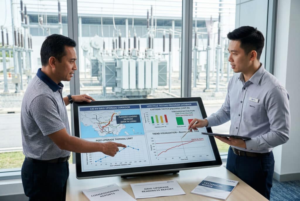Una fotografia tecnica professionale che immortala una sessione di revisione strategica dei dati di aggiornamento della rete in una sala di pianificazione che si affaccia su una moderna sottostazione ad alta tensione nel Sud-Est asiatico. Un esperto tecnico dell'Asia orientale (interno) tiene in mano un tablet e spiega con sicurezza i dati visualizzati su un grande schermo interattivo a un cliente del Sud-Est asiatico (esterno) che indica una specifica linea rossa etichettata 'LIMITE TERMICO POST-UPGRADE'. Lo schermo visualizza i concetti fondamentali dell'articolo con pannelli che mostrano 'OPERATORE REGIONALE DI TRASMISSIONE - MARE', 'CORRIDOIO DI AGGIORNAMENTO DELLA GRIGLIA A 132 kV', 'AUMENTO DI CARICO PREVISTO (800A -> 1150A)' e un 'DATABASE DEL PROGRAMMA DI TEST A VITA' con linee di tendenza che attraversano la 'DISTRIBUZIONE DELLA SOGLIA (verde/ambra/rosso)'. Sulla scrivania sono presenti documenti specifici come il 'GRID UPGRADE READINESS REPORT' e una guida con il logo 'BEPTO', che illustra come un programma di test della resistenza di contatto possa essere strutturato per supportare un upgrade della rete senza incidenti termici, come descritto nel caso del cliente del Sud-Est asiatico.