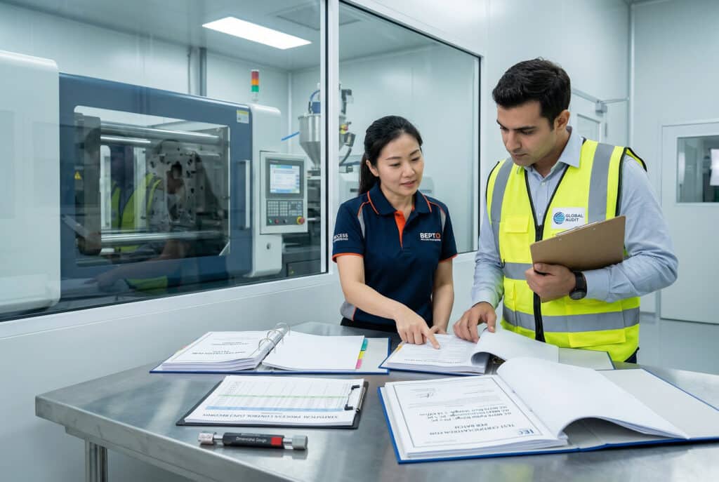 Bu fotoğrafta, uluslararası bir satın alma denetçisi ve Doğu Asyalı bir tedarikçi temsilcisi, APG kalıplı yalıtım fabrikasında yapılandırılmış bir yerinde kalite değerlendirmesini işbirliği içinde yürütürken ve boşluksuz malzeme kalitesini sağlamak için parti testi sertifikalarını ve süreç belgelerini sistematik olarak doğrularken görülmektedir.