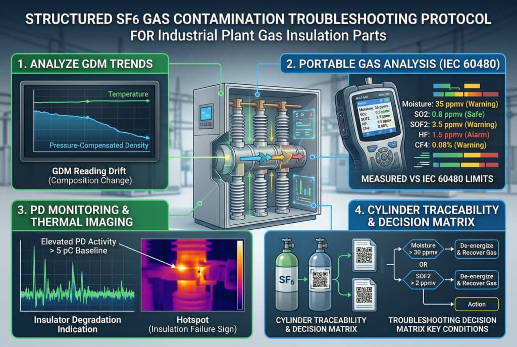 This detailed technical infographic presents a structured four-step troubleshooting protocol for identifying SF6 gas contamination in industrial plant gas insulation parts. The steps include: 1. "ANALYZE GDM TRENDS" showing a density drift graph and cutaway visualization, 2. "PORTABLE GAS ANALYSIS (IEC 60480)" displaying a hand-held analyzer with measured contaminants, 3. "PD MONITORING & THERMAL IMAGING" illustrating elevated PD and hotspots, and 4. "CYLINDER TRACEABILITY & DECISION MATRIX" providing an action plan based on traceability and contaminant levels.