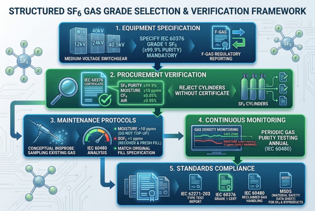 This structured multi-step technical infographic illustrates the selection and verification process for SF6 gas grades for industrial plants. Numbered steps detail '1. EQUIPMENT SPECIFICATION' (conceptual switchgear and 12kV, 24kV, 40.5kV labels), '2. PROCUREMENT VERIFICATION' (cylinder certificate review), '3. MAINTENANCE PROTOCOLS' (gas sampling analysis per IEC 60480), '4. CONTINUOUS MONITORING' (density monitor with moisture alarm threshold marked at 12 ppmv), and '5. STANDARDS COMPLIANCE' (symbolic stack of certificates for IEC 62271-203, IEC 60376, IEC 60480, and MSDS). Digital glow effects, arrows showing progression, and clean blue and green color palettes signify precision, safety, and purity against a clean technical background.