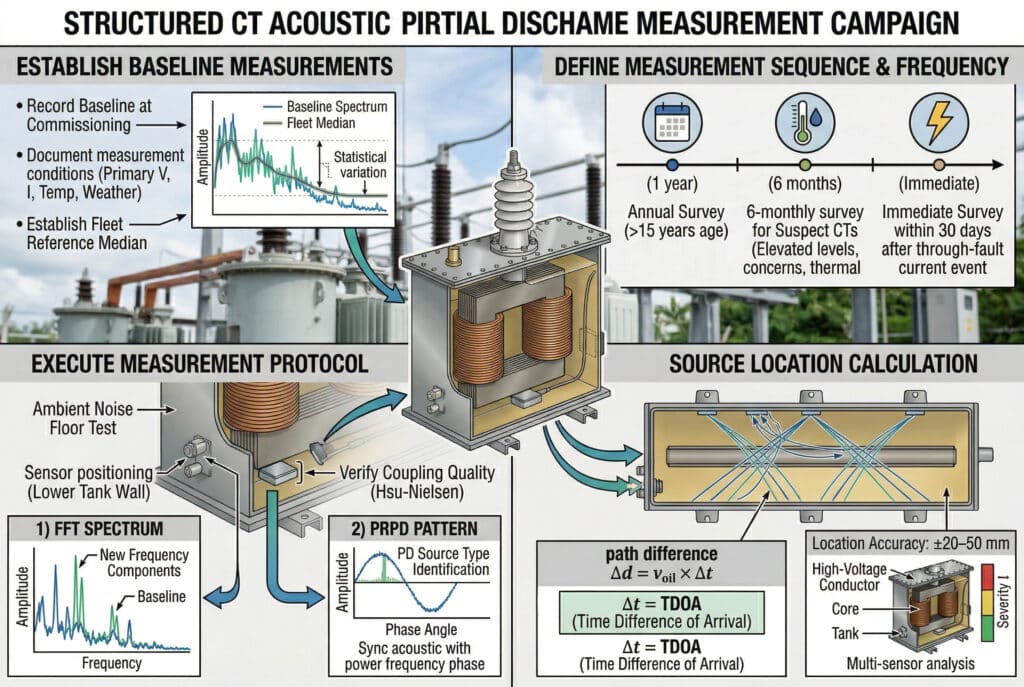 อินโฟกราฟิกและแผนผังกระบวนการที่มีรายละเอียดครบถ้วน จัดโครงสร้างเป็นสี่ส่วนพร้อมป้ายกำกับและไอคอนที่ชัดเจน อธิบายขั้นตอนการทำงานอย่างเป็นระบบอย่างสมบูรณ์สำหรับการรณรงค์วัดการปลดปล่อยเสียงอะคูสติกแบบบางส่วนด้วยเครื่องเอกซเรย์คอมพิวเตอร์ (CT acoustic partial discharge)แผงข้อมูลแสดงรายละเอียดวิธีการ 'กำหนดการวัดพื้นฐาน' 'กำหนดลำดับและความถี่ของการวัด' (รายปี, ตามเหตุการณ์) 'ดำเนินการตามโปรโตคอลการวัด' (เสียงรบกวนรอบข้าง, ตำแหน่งของเซ็นเซอร์, สเปกตรัม FFT, รูปแบบ PRPD) และ 'คำนวณตำแหน่งแหล่งกำเนิด' (โดยใช้เซ็นเซอร์สามตัวขึ้นไปและเวลาที่สัญญาณมาถึง) สูตรและกราฟข้อมูลแสดงแต่ละขั้นตอนสำหรับการจัดการสินทรัพย์อย่างเป็นระบบ.