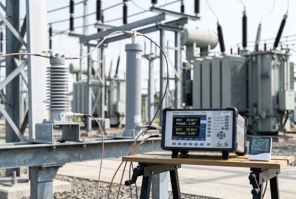 Vor-Ort-Aufbau mit einem kapazitiven Referenzspannungsteiler und einem Präzisionsleistungsanalysator, der an einen Sensorisolator in einem Umspannwerk angeschlossen ist, um eine gültige Kalibrierung unter stabilen Umgebungsbedingungen zu ermöglichen.