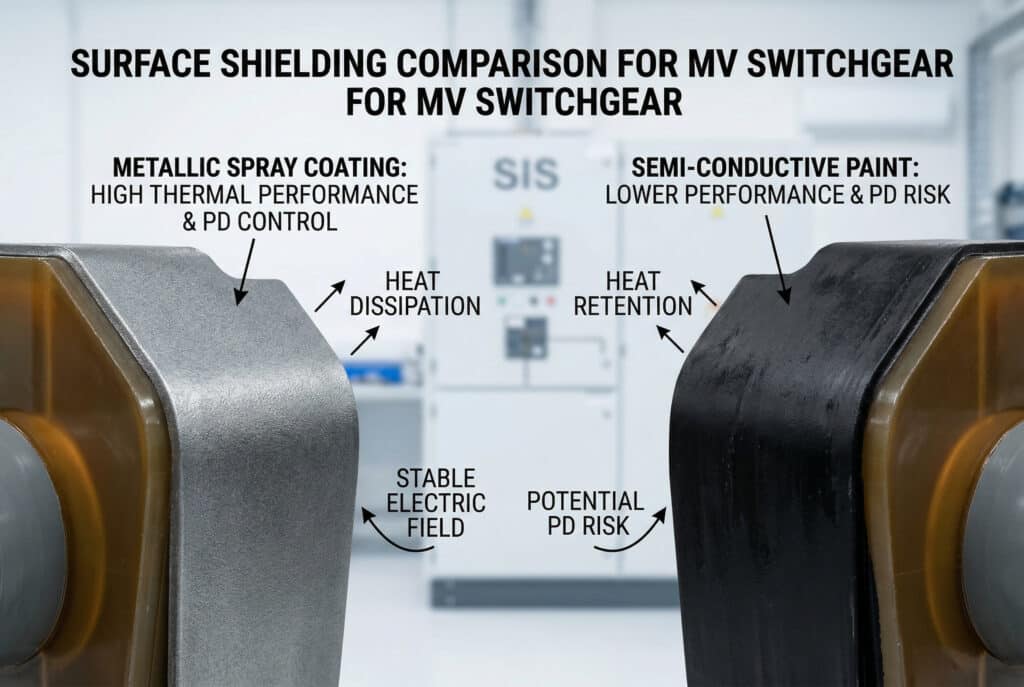 Visualisation comparative de deux modules d'isolation d'appareillage de commutation MT côte à côte, démontrant les avantages techniques d'un revêtement métallique robuste par pulvérisation par rapport à une peinture semi-conductrice standard pour le blindage de surface. La face métallique illustre une dissipation efficace de la chaleur et un champ électrique stable, tandis que la face peinte montre une rétention de la chaleur et des risques potentiels de décharges partielles.
