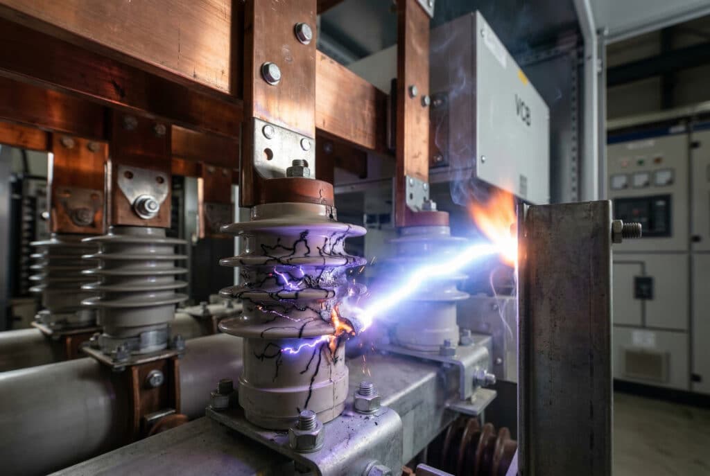 Visualização em close-up de uma falha de flashover elétrico originada de um acessório de isolamento de média tensão deteriorado em um painel de distribuição de energia, mostrando consequências catastróficas.