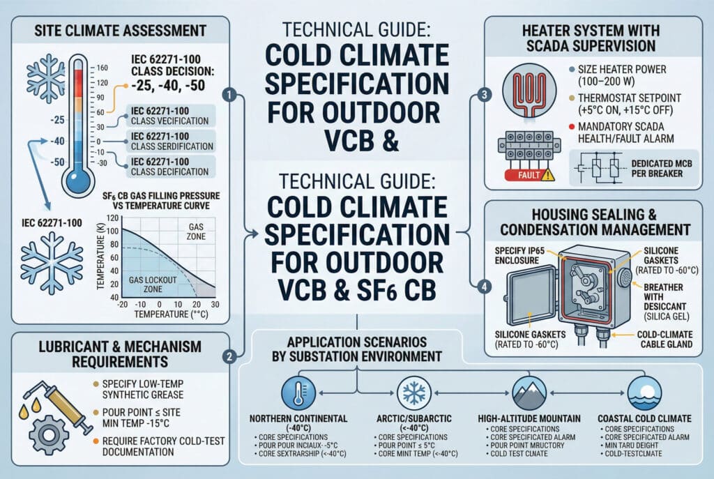 This technical infographic dashboard visually illustrates the four steps to specifying and upgrading outdoor VCBs and SF6 CBs for cold-climate operation, as described in the article. It breaks down site minimum temperature classification, lubricant and mechanism requirements, heater system design with SCADA supervision, and housing sealing and condensation management. Icons and charts provide a clean guide for each stage, avoiding physical product images or human characters.
