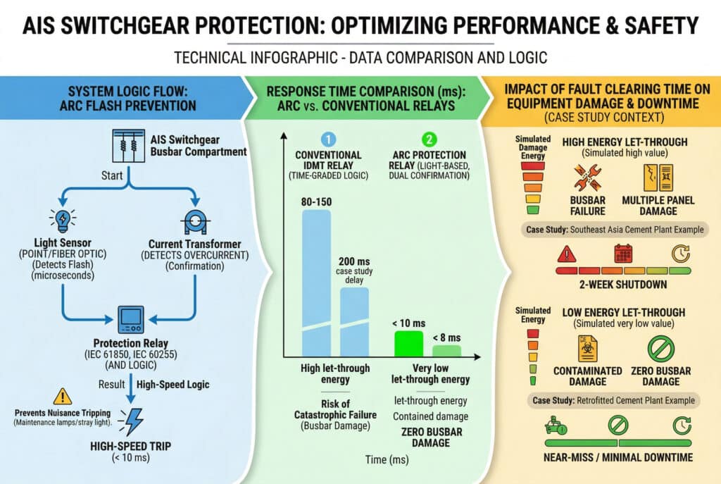 Une infographie de visualisation de données complexe et moderne, structurée comme un tableau de données complet, totalement dépourvue de photos de produits et de personnes réelles. La mise en page générale utilise des blocs de couleurs fluides (bleu, vert, jaune, orange) et des icônes techniques. L'infographie principale est intitulée "AIS SWITCHGEAR PROTECTION : OPTIMIZING PERFORMANCE & SAFETY". Sous le titre, on peut lire "INFOGRAPHIE TECHNIQUE - COMPARAISON DE DONNÉES ET LOGIQUE". Le visuel est divisé en trois sections principales. La section de gauche (bleue) est intitulée "SYSTEM LOGIC FLOW : PRÉVENTION DE L'ÉCLATEMENT DE L'ARC", montrant un organigramme du 'Compartiment des barres de commutation AIS', du 'Capteur de lumière (POINT/FIBRE OPTIQUE) (microsecondes)' et du 'Transformateur de courant (DÉTECTE LA SURCURRENCE) (Confirmation)' entrant tous dans le 'Relais de protection (ET LOGIQUE) (IEC 61850, IEC 60255)' résultant en un 'DÉCLENCHEMENT À HAUTE VITESSE (< 10 ms)'. Étiquette : "Empêche les déclenchements intempestifs (lampe de maintenance/lumière parasite)". La section centrale (verte) est intitulée "COMPARAISON DES TEMPS DE RÉPONSE (ms) : ARC vs. CONVENTIONAL RELAYS" avec un diagramme à barres verticales montrant des millisecondes simulées (ms). Les barres incluent 'CONVENTIONAL IDMT RELAY (TIME-GRADED LOGIC)', plage de 80 à 150 ms (et une autre barre plus petite pour le délai de 200 ms de l'étude de cas). Étiquettes : "Énergie de passage élevée", "Risque de défaillance catastrophique (endommagement des barres omnibus)". Et 'RELAIS DE PROTECTION D'ARC (BASÉ SUR LA LUMIÈRE, CONFIRMATION DOUBLE)', valeur < 10 ms (et valeur simulée < 8 ms). Étiquettes : "Très faible énergie de fuite", "Dommages contenus", "Dommages de barre de charge nuls". La section de droite (jaune/orange) est intitulée "IMPACT DU TEMPS D'ÉLIMINATION DES DÉFAUTS SUR LES DOMMAGES ET LE TEMPS D'ARRÊT DES ÉQUIPEMENTS (CONTEXTE DE L'ÉTUDE DE CAS)". La partie supérieure compare les niveaux de dommages simulés : 'HIGH ENERGY LET-THROUGH' (valeur élevée simulée) avec les icônes 'BUSBAR FAILURE', 'MULTIPLE PANEL DAMAGE'. Étiquette : "Étude de cas : Exemple de cimenterie en Asie du Sud-Est". Ci-dessous : Échelle pour 'ARRÊT DE 2 SEMAINES' (coloré en rouge). La partie inférieure compare : 'LOW ENERGY LET-THROUGH' (valeur simulée très faible) avec les icônes 'CONTAMINATED DAMAGE', 'ZERO BUSBAR DAMAGE'. Étiquette : "Étude de cas : Exemple de cimenterie modernisée". Ci-dessous : Échelle pour 'NEAR-MISS / MINIMAL DOWNTIME' (colorée en vert). Tous les textes sont rédigés dans un anglais clair et correct, avec des termes techniques corrects.