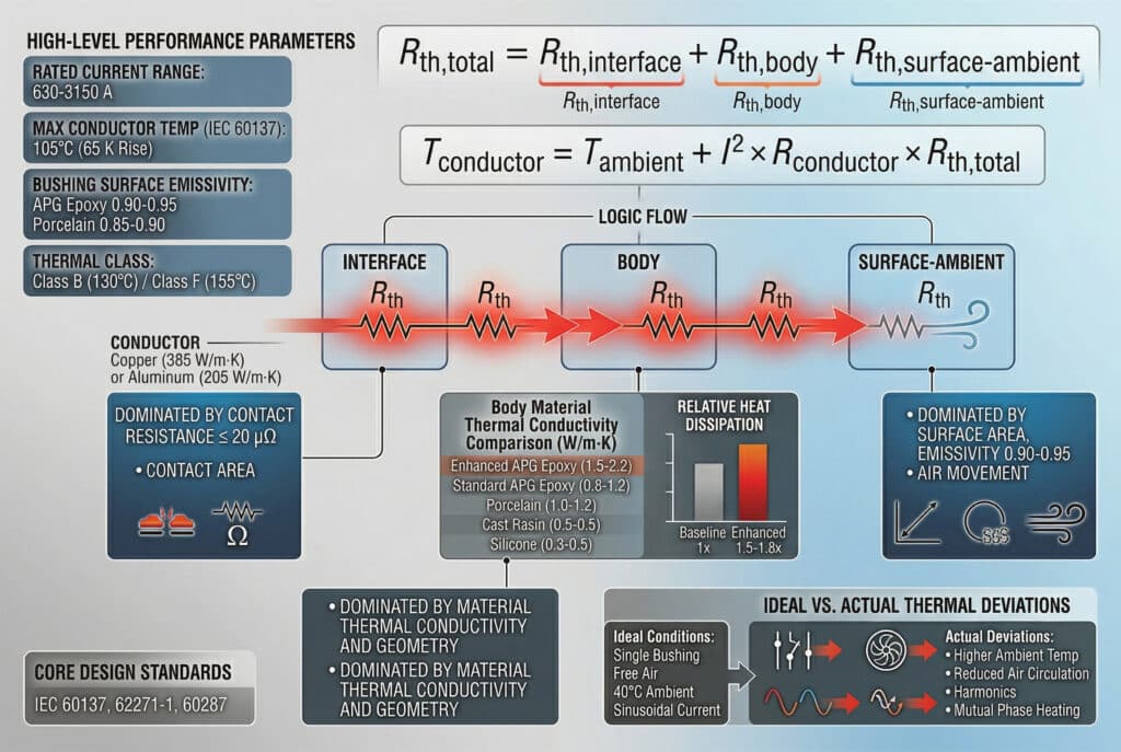 大電流ウォールブッシング・パス・スルーにおける熱抵抗の連鎖」を詳述した技術インフォグラフィック。総熱抵抗（Rth,total = Rth,interface + Rth,body + Rth,surface-ambient）と定常状態の導体温度（Tconductor = Tambient + I squared * Rconductor * Rth,total）の式を示しています。ウォールブッシングの断面は、熱の流れを示す赤い線を示し、物理モデル上の抵抗の各段階を示します。定格電流（630-3150A）、最大導体温度（摂氏105度）、表面放射率値、各抵抗成分に影響を与える要因（接触抵抗、材料導電率、空気の動き）の詳細説明など、さまざまなパネルでデータを提供しています。材料比較表は、強化APGエポキシ（1.5-2.2）と標準APGエポキシ（0.8-1.2）、キャストレジン、シリコーンなどの材料の熱伝導率（W/m・K）を示しています。棒グラフは、強化APGエポキシが1.5-1.8倍の相対熱放散ベースラインを持っていることを示しています。最後のセクションでは、高調波やファンの故障など、理想的な状態から実際に熱偏差が生じた原因を挙げています。.