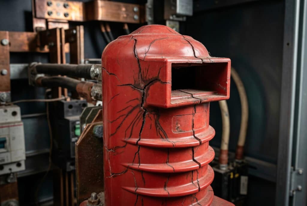 A close-up industrial photograph of the red ribbed bepto epoxy switchgear contact box, showing prominent thermal stress cracks and surface tracking, illustrating a common failure mode in heavy industrial medium voltage switchgear installations.