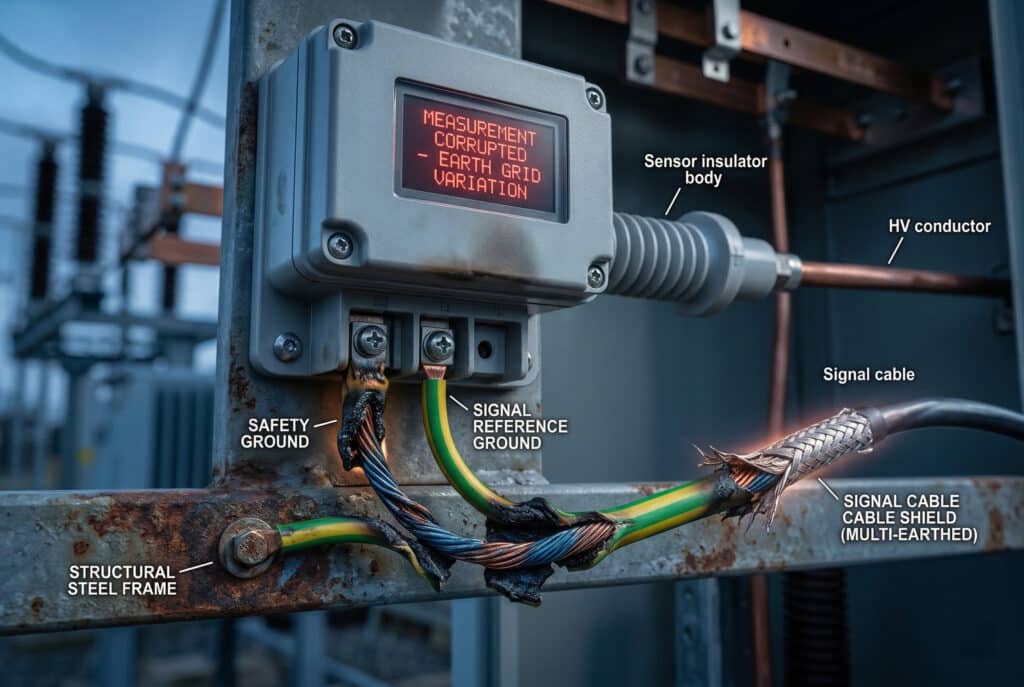 Photographie en gros plan montrant les multiples erreurs de mise à la terre spécifiées dans l'article, y compris un conducteur de mise à la terre unique et sous-dimensionné qui combine les fonctions de sécurité et de référence de signal, présentant de graves dommages thermiques (isolation fondue et carbonisée) dus au transport de courants de défaut, incorrectement connecté à une structure métallique corrodée au lieu d'une barre omnibus de mise à la terre dédiée, et un blindage de câble de signal incorrectement multiarticulé à la même structure métallique. L'écran de l'appareil de surveillance affiche en rouge 'MESURE CORRECTE - VARIATION DU RÉSEAU DE TERRE', ce qui souligne l'impact sur la précision. L'environnement de distribution extérieur avec les isolateurs est subtilement estompé.