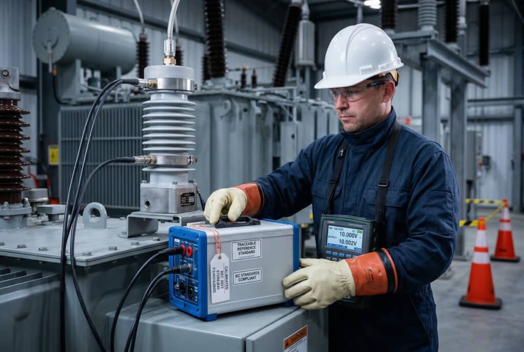 Ein professionelles Industriefoto, das einen fachkundigen Techniker in voller Schutzausrüstung bei der sorgfältigen Durchführung einer rückverfolgbaren Vor-Ort-Kalibrierung des Spannungsausgangs an einer Sensorisolatoreinheit in einer Mittelspannungsschaltanlage zeigt. Der eindeutig montierte Sensorisolator ist mit tragbaren, modernen Kalibrierungsstandards mit eindeutigen Rückverfolgbarkeitsetiketten verbunden. Ein digitales Display auf dem Referenzgerät zeigt präzise Spannungsmesswerte und ein großes grünes Etikett mit der Aufschrift IEC STANDARDS COMPLIANT" an. Andere Energieinfrastrukturen wie Transformatoren und Isolatoren sind sichtbar, aber unscharf, was die Präzision und die strengen Sicherheitsprotokolle unter kontrollierten Bedingungen unterstreicht. Im Bild sind keine anderen Texte oder Personen zu sehen. Aufnahme im Querformat (3:2).