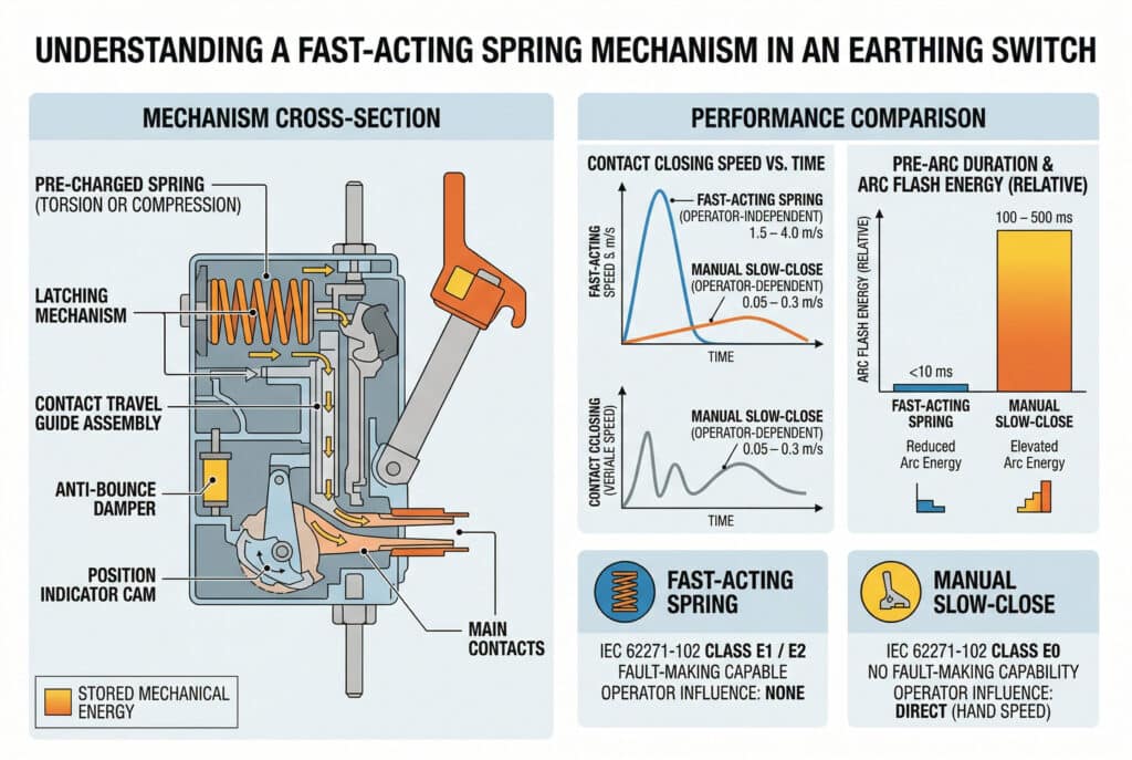 Подробная техническая иллюстрация и сравнительная инфографика, определяющая быстродействующий пружинный механизм для заземлителя. В левой части показано аннотированное поперечное сечение пружинного привода с основными механическими компонентами: предварительно заряженная пружина, механизм защелки, направляющая перемещения контактов, демпфер против дребезга и кулачок индикатора положения. В правой части представлены два графика и сравнительные панели по ключевым техническим параметрам: 1. 'СКОРОСТЬ ЗАМЫКАНИЯ КОНТАКТОВ В СРАВНЕНИИ С ВРЕМЕНЕМ'. ВРЕМЯ', где сравниваются пружина быстрого действия (высокая, не зависящая от оператора скорость 1,5-4,0 м/с) и ручное медленное закрытие (низкая, изменяемая скорость 0,05-0,3 м/с). 2. 'Длительность предварительного срабатывания и энергия вспышки дуги (относительная)' - визуальное сравнение '<10 мс' для пружины быстрого срабатывания и '100-500 мс (переменная)" для ручного медленного закрывания, что свидетельствует о значительном снижении энергии. На панелях указаны класс E1/E2, возможность устранения неисправностей и влияние оператора. Стиль - чистая, профессиональная диаграмма технических характеристик производителя.