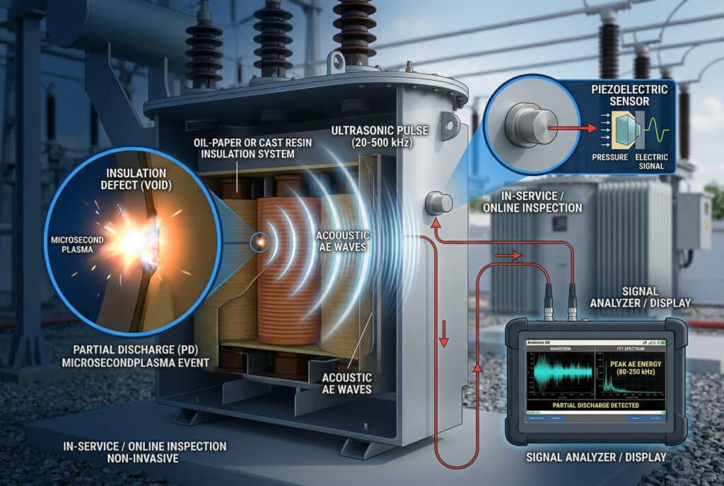 ภาพประกอบแนวคิดโดยละเอียดพร้อมคำอธิบายประกอบหลายจุดและมุมมองแยกเพื่ออธิบายการตรวจจับการคายประจุบางส่วน (Partial Discharge: PD) และการปล่อยคลื่นเสียง (Acoustic Emission: AE) ภายในหม้อแปลงกระแสไฟฟ้า แสดงภาพตัดขวางของหม้อแปลงกระแสไฟฟ้าพร้อมมุมมองขยายของ 'เหตุการณ์การคายประจุบางส่วน (PD)' ในช่องว่างของฉนวนซึ่งก่อให้เกิดคลื่นความดันอัลตราโซนิกที่ขยายตัวคลื่นเหล่านี้ถูกจับโดย 'เซ็นเซอร์ไพโซอิเล็กทริก' ภายนอกที่ติดตั้งบนตัวเครื่อง CT ซึ่งจะส่งสัญญาณไปยัง 'เครื่องวิเคราะห์สัญญาณ' แบบพกพา หน้าจอของเครื่องวิเคราะห์จะแสดงข้อมูล 'รูปคลื่นและสเปกตรัม' โดยเน้น 'พัลส์อัลตราโซนิก (20-500 kHz)' พื้นหลังจะแสดงกระบวนการนี้ในรูปแบบ 'การตรวจสอบออนไลน์/ขณะใช้งานจริง' ภายในสถานีย่อย พร้อมเปรียบเทียบกับวิธีการทางไฟฟ้า.