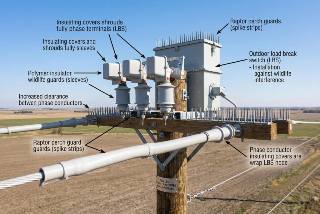 ภาพถ่ายระยะใกล้ของการติดตั้งสวิตช์ตัดโหลด (LBS) แบบติดตั้งบนเสาสำหรับการจ่ายไฟในชนบท 33kV ที่ได้รับการปรับปรุงใหม่โหนด LBS ได้รับการป้องกันอย่างครอบคลุมจากการรบกวนของสัตว์ป่า โดยมีฝาครอบฉนวนและปลอกหุ้มที่ติดตั้งจากโรงงานครอบขั้วเฟส, ตัวป้องกันฉนวนโพลีเมอร์สำหรับสัตว์ป่า (ปลอกหุ้ม), และตัวป้องกันที่นั่งของนกล่าเหยื่อ (แถบหนาม) ที่ติดตั้งบนแขนไขว้และตัวเรือนกลไก การติดตั้งอยู่ในสภาพแวดล้อมชนบทภายใต้ท้องฟ้าที่เปิดโล่ง.