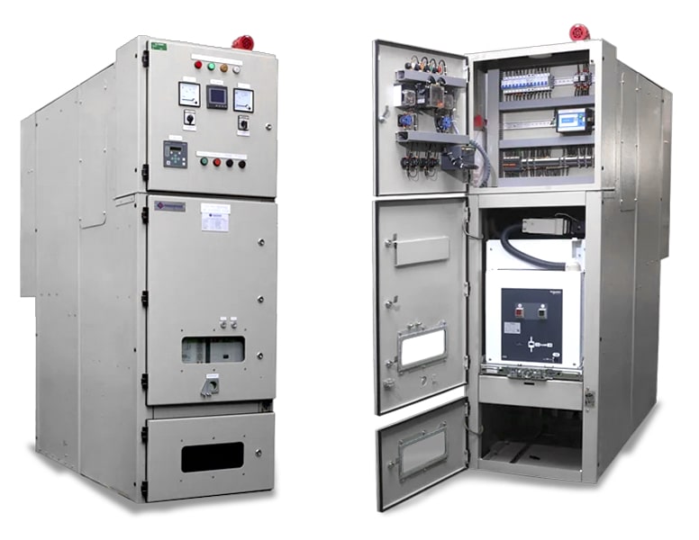 A professional industrial photograph of a modern, draw-out style indoor vacuum circuit breaker (VCB) with a cutaway view detailing its vacuum interrupter component, being carefully retrofitted into an existing medium-voltage switchgear cubicle, emphasizing the lifecycle extension of the distribution infrastructure.