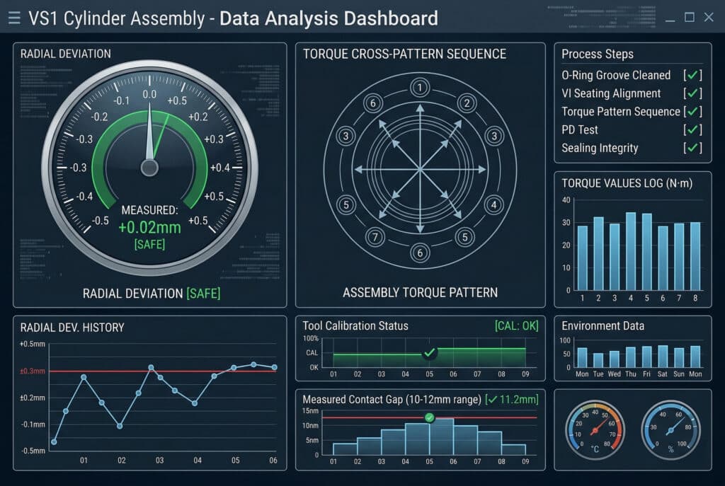 Um painel de análise de dados abrangente para 'VS1 Cylinder Assembly', exibindo várias métricas de qualidade técnica integradas. Os principais painéis incluem um medidor de desvio radial seguro (+0,02 mm), um diagrama de parafusos de sequência de torque, um registro de valores, caixas de seleção de etapas do processo (Verificações: Vedação, Alinhamento, Teste PD) e status de calibração da ferramenta.