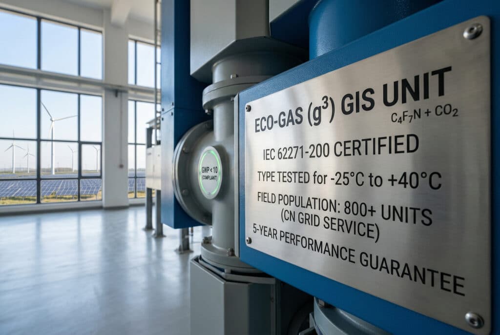 Un primer plano de un panel de aparamenta aislada en gas (GIS) con aislamiento g³ certificado en una subestación moderna, que conecta directamente el texto con la normalización IEC, las condiciones climáticas específicas y las evaluaciones de la población de campo de los fabricantes que se tratan en la guía. La placa de identificación de acero inoxidable muestra con orgullo los grabados de 'CERTIFICADO IEC 62271-200', 'TIPO COMPROBADO para -25 °C a +40 °C', 'POBLACIÓN DE CAMPO: 800+ UNIDADES (SERVICIO DE RED CN)' y 'GARANTÍA DE RENDIMIENTO DE 5 AÑOS', demostrando su estado verificado. La fórmula química g³ 'C4F7N + CO2', grabada discretamente en la estructura, confirma su identidad de gas ecológico. El ángulo de la cámara es ligeramente bajo, lo que subraya la solidez y fiabilidad del equipo. A través de las grandes ventanas de la subestación, en el fondo, se ve un grupo de grandes turbinas eólicas y un parque de paneles solares, que vinculan perfectamente la aparamenta verificada con los proyectos de energías renovables y las mejoras de la red.