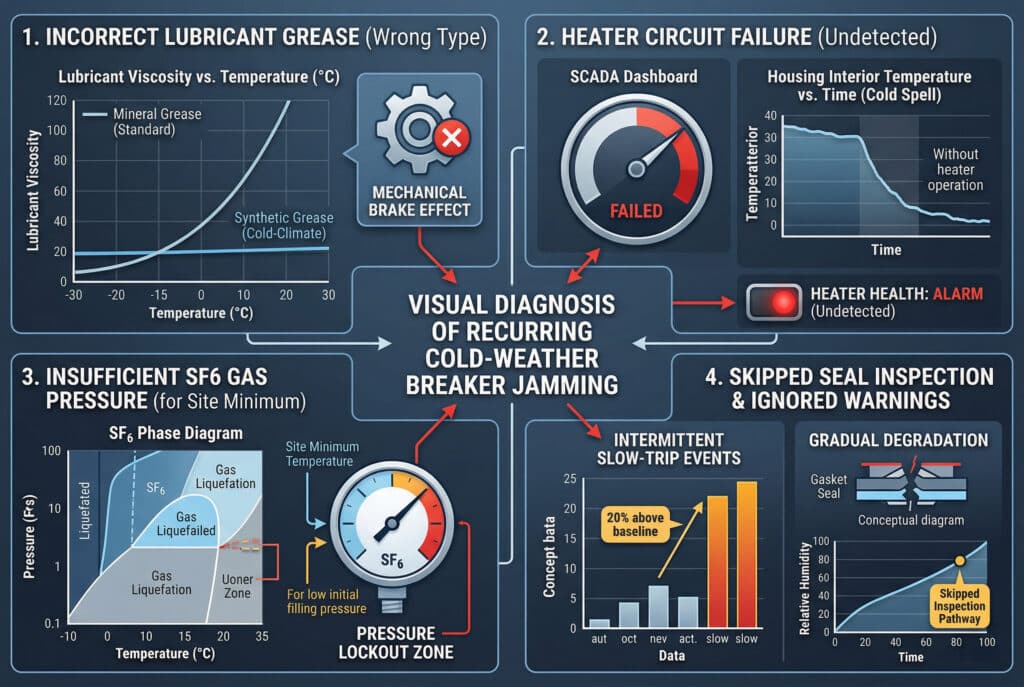 This complex technical infographic, designed as a clean digital data dashboard with no product images or human figures, visually summarizes the four critical maintenance mistakes described in the article that lead to recurring breaker jamming in freezing conditions: 1. Incorrect Lubricant (Mineral vs. Synthetic Grease viscosity chart), 2. Heater Circuit Failure (a SCADA dashboard and Resistance vs. Temperature conceptual chart), 3. Insufficient SF6 Filling Pressure (conceptual SF6 Phase Diagram and Pressure Gauge showing lockout zone), 4. Skipped Seal Inspection & Ignored Warnings (a concept bar chart of slow-trip events, a concept cross-section diagram of a broken seal, and concept Humidity vs. Time chart). It provides a technical, data-driven overview of the underlying causes.
