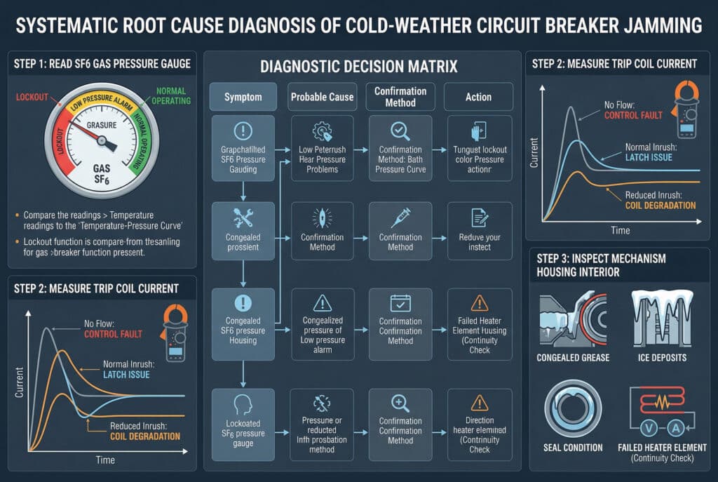 This technical diagnostic dashboard presents a multi-panel visual workflow for identifying the root causes of cold-weather circuit breaker mechanism jamming. It visualizes the article's diagnostic matrix, including conceptual charts for SF6 gas pressure zones (lockout, alarm, normal), trip coil current waveform analysis, and conceptual illustrations of critical mechanical inspection points like congealed grease, ice formation, and heater continuity check.