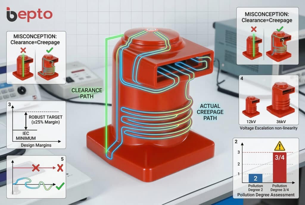 O combinație de fotografie tehnică și infografic cu suprapuneri de diagrame ale cutiei de contact bepto din rășină epoxidică roșie din image_12.png, așezată pe o bancă tehnică. Aceasta vizualizează traseele reale, complexe, de scurgere (traseele complexe albastru-galben de-a lungul nervurilor și contururilor) și traseele drepte de trecere (traseul drept verde prin aer). Panourile informative incluse ilustrează concepțiile greșite comune din domeniul ingineriei, cum ar fi comparațiile dintre traseele de creepage drepte și cele corecte, evaluările gradului de poluare și marjele de proiectare care fac trimitere la standardele IEC, toate textele fiind redate clar în limba engleză.