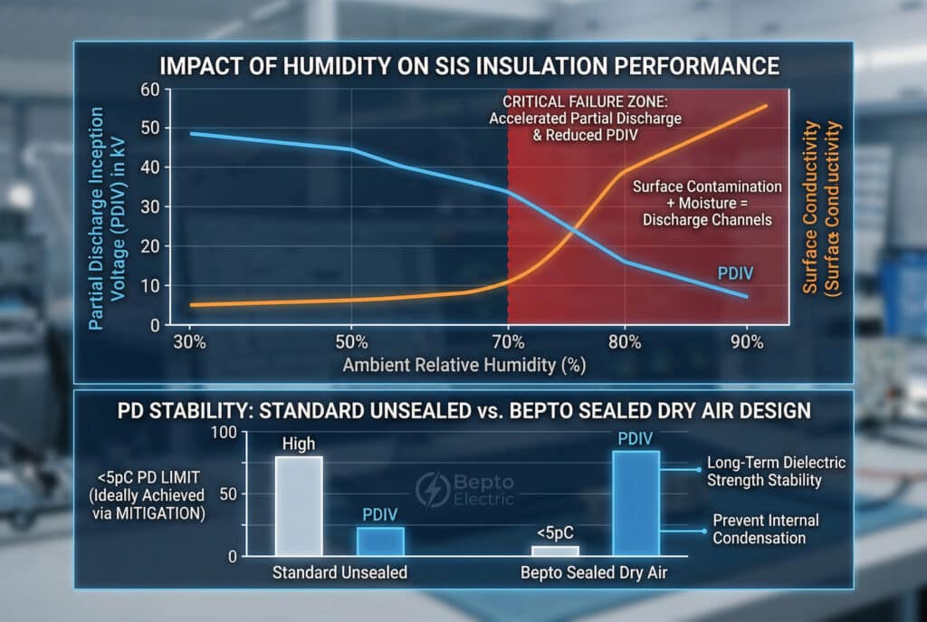 Une infographie de visualisation de données comparatives et une illustration technique sur un banc d'essai flou, détaillant l'impact négatif d'une humidité élevée sur les appareillages de connexion à isolation solide (SIS). Un graphique linéaire montre que la tension d'amorçage de la décharge partielle (DP) diminue et que la conductivité de surface augmente considérablement dans une 'zone de défaillance critique' ombrée en rouge au-dessus d'un taux d'humidité de 70%. Des diagrammes à barres comparatifs démontrent les performances de différentes structures d'isolation et opposent la stabilité de la DP d'une conception standard non scellée à celle d'une conception scellée à l'air sec, en mettant en évidence une limite de DP ciblée <5pC et la prévention de la condensation interne.