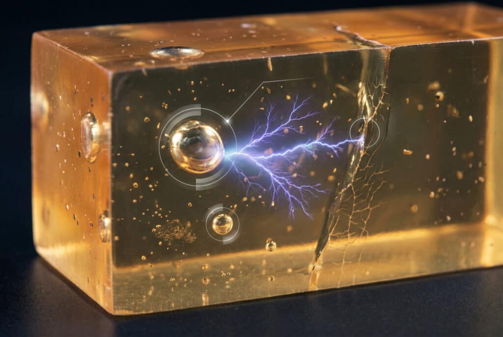 模壓環氧樹脂的宏觀影像，顯示出造成局部放電的內部空隙和金屬微粒。可見發光的電氣樹狀圖案，傳播並破壞絕緣結構。.