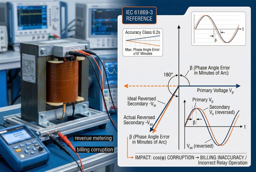 A complex, structured data visualization and technical illustration composite, set in a clean, professional measurement and calibration laboratory with relevant phase and power meters in the blurred background. Integrated phasor and waveform diagrams illustrate how phase angle error (β) is defined as the phase displacement in minutes of arc between the primary voltage phasor and the reversed ideal secondary voltage phasor. It references IEC 61869-3 Class 0.2s with max error ±10'. The illustration details how β corrupts active power calculation, billing inaccuracy, and incorrect relay operation. All English text is perfectly spelled and precise. No people are present.